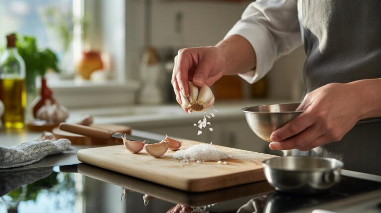 Knoflook wrijven met grof zout voor het koken vermenigvuldigt de antioxidanten precies met drie